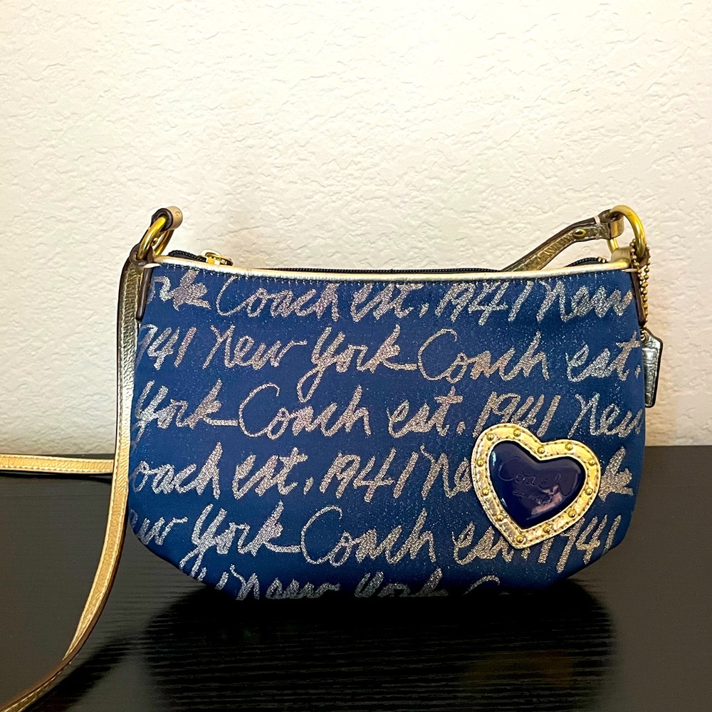 Coach Navy and Gold Script Crossbody Bag